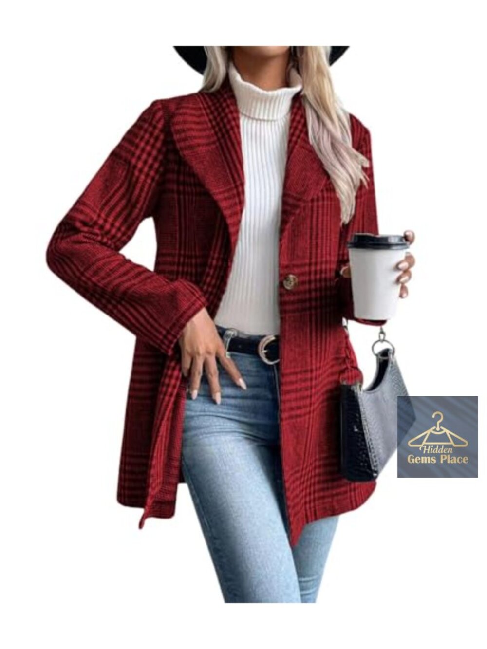 Wool Plaid Blazer Coat Shawl Collar Single Button Office Wear Long Sleeve